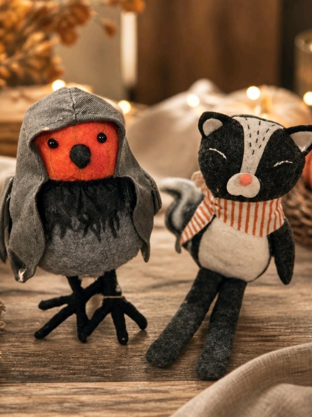 Handcrafted Felt Woodland Duo Holiday Figurines - Grey & Orange